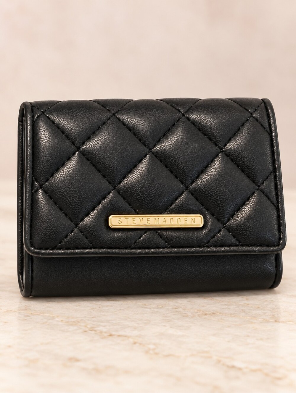 Steve Madden Black Quilted Compact Bifold Wallet Gold Hardware